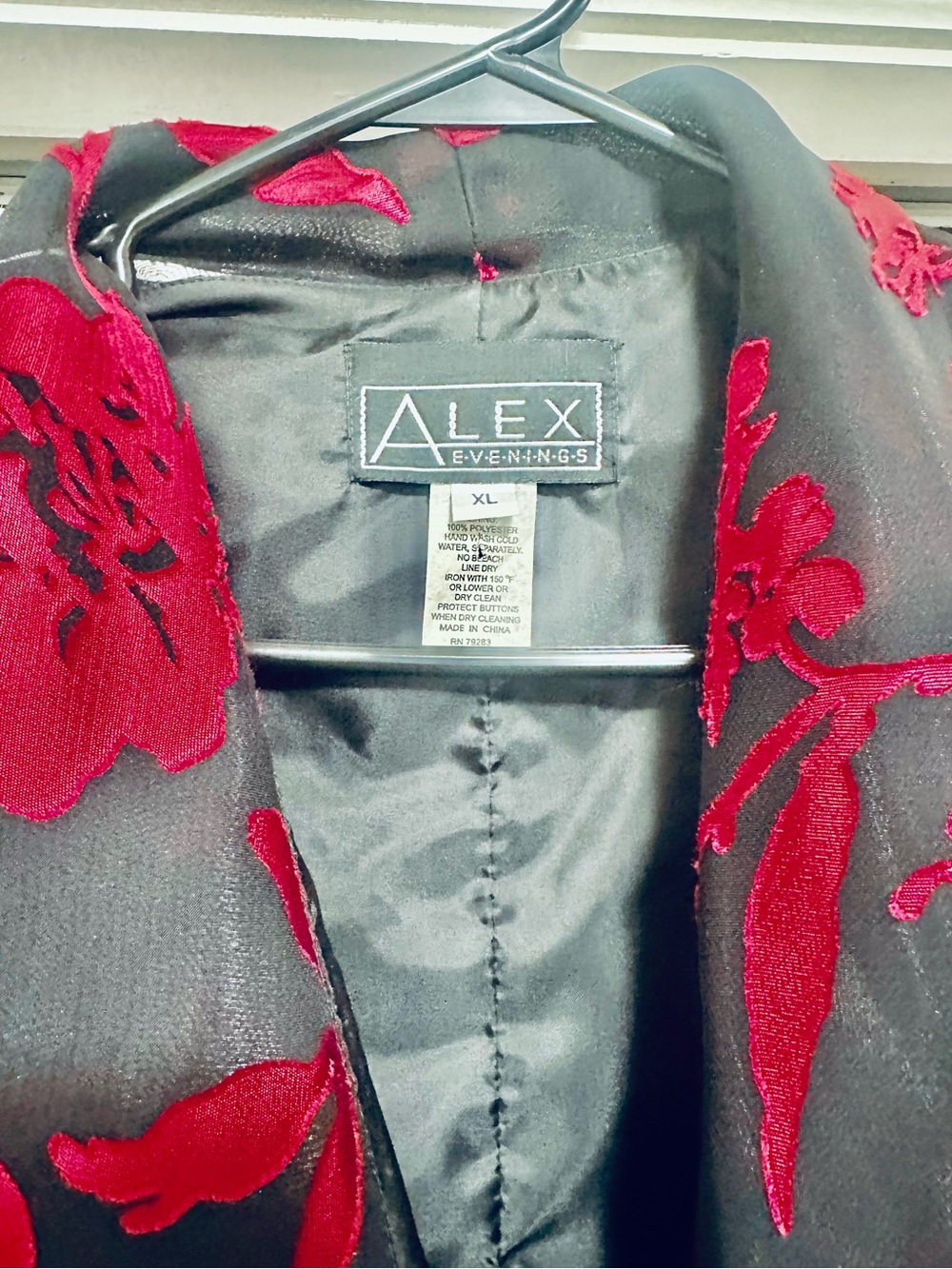 Alex Evenings Black Jacket with Red Floral Burnout - Picture 2 of 8